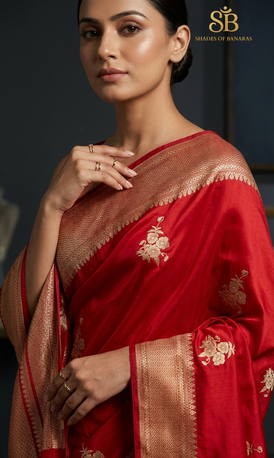 Luxe Heritage Couture: Crimson Red Pure Mashru Silk Kadhua Buti Banarasi Saree by Shades Of Banaras - banarasi - banarasi saree shop - banarasi saree manufacturers - banarasi saree wholesale - banaraasi sarees - banarasi sari - banarasi saris - silk saree - silk sari - wedding saree - wedding sari - designer sari - wedding collection - gifting