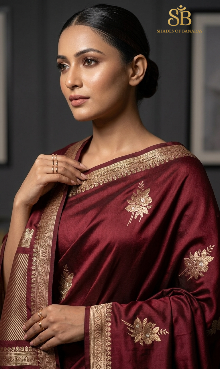 Wine Heritage Couture: Ultra-Luxe Pure Mashru Silk Kadhua Banarasi Saree by Shades Of Banaras - banarasi - banarasi saree shop - banarasi saree manufacturers - banarasi saree wholesale - banaraasi sarees - banarasi sari - banarasi saris - silk saree - silk sari - wedding saree - wedding sari - designer sari - wedding collection - gifting