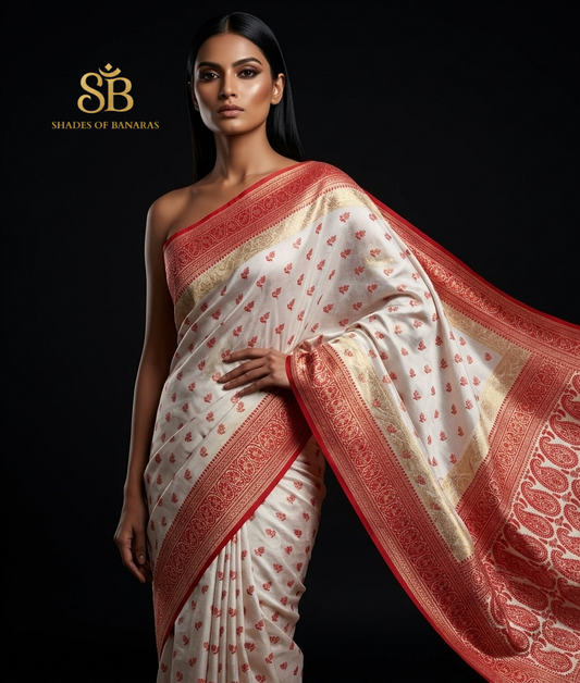 The Imperial Crimson Leaf: Luxe Hand-Embroidered White & Red Pure Cotton Banarasi Sari by Shades Of Banaras - banarasi - banarasi saree shop - banarasi saree manufacturers - banarasi saree wholesale - banaraasi sarees - banarasi sari - banarasi saris - silk saree - silk sari - wedding saree - wedding sari - designer sari - wedding collection - gifting
