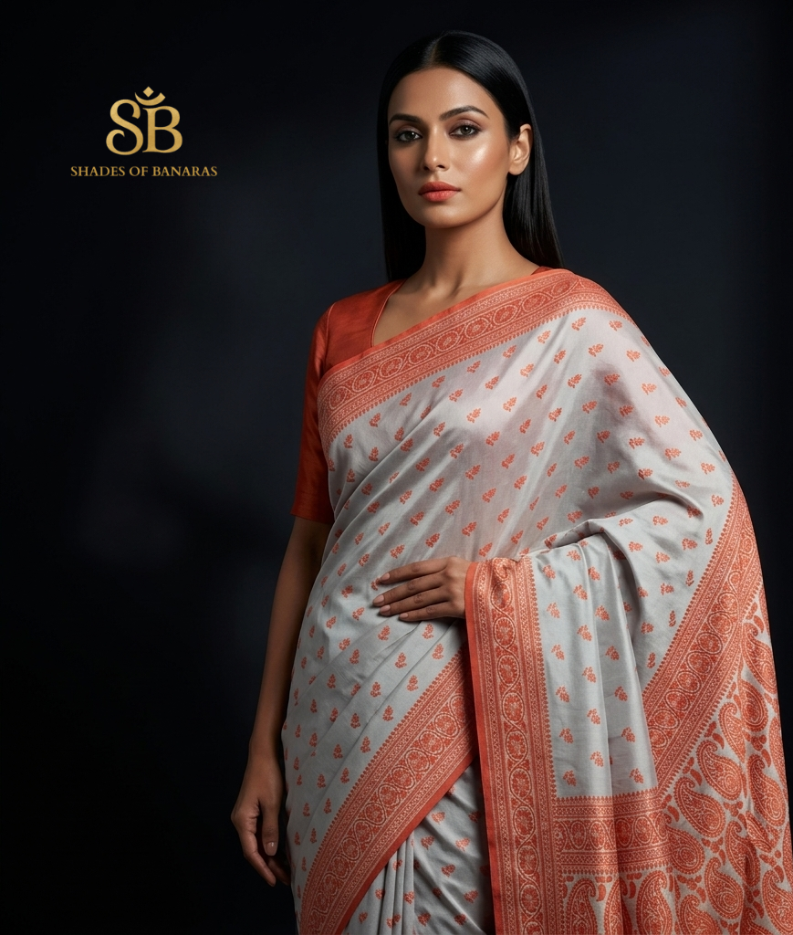 White & Peach-Orange Hand-Embroidered Cotton Banarasi Sari by Shades Of Banaras - banarasi - banarasi saree shop - banarasi saree manufacturers - banarasi saree wholesale - banaraasi sarees - banarasi sari - banarasi saris - silk saree - silk sari - wedding saree - wedding sari - designer sari - wedding collection - gifting