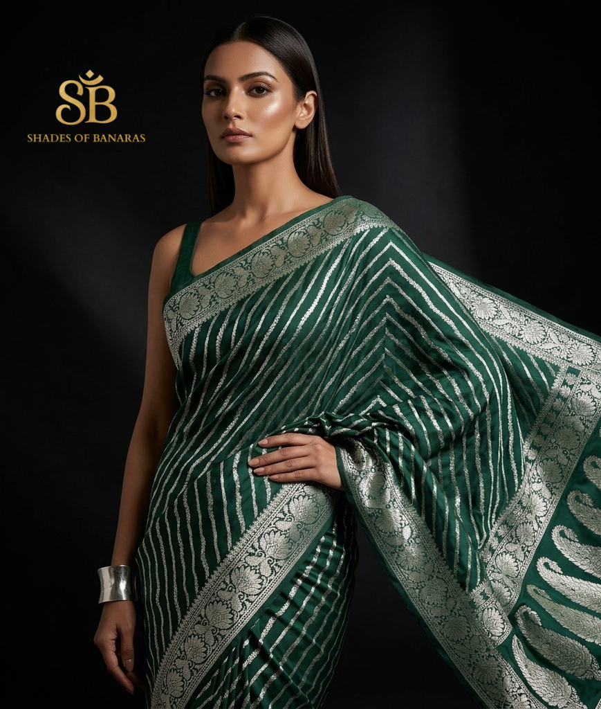 Emerald Aura: The Luxe Bottle Green Summer Silk Couture Sari by Shades Of Banaras - banarasi - banarasi saree shop - banarasi saree manufacturers - banarasi saree wholesale - banaraasi sarees - banarasi sari - banarasi saris - silk saree - silk sari - wedding saree - wedding sari - designer sari - wedding collection - gifting