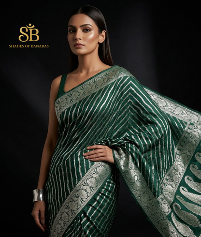 Emerald Aura: The Luxe Bottle Green Summer Silk Couture Sari by Shades Of Banaras - banarasi - banarasi saree shop - banarasi saree manufacturers - banarasi saree wholesale - banaraasi sarees - banarasi sari - banarasi saris - silk saree - silk sari - wedding saree - wedding sari - designer sari - wedding collection - gifting