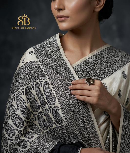 Ivory Mist Luxe Banarasi Sari – Handwoven Pure Cotton Elegance by Shades Of Banaras - banarasi - banarasi saree shop - banarasi saree manufacturers - banarasi saree wholesale - banaraasi sarees - banarasi sari - banarasi saris - silk saree - silk sari - wedding saree - wedding sari - designer sari - wedding collection - gifting