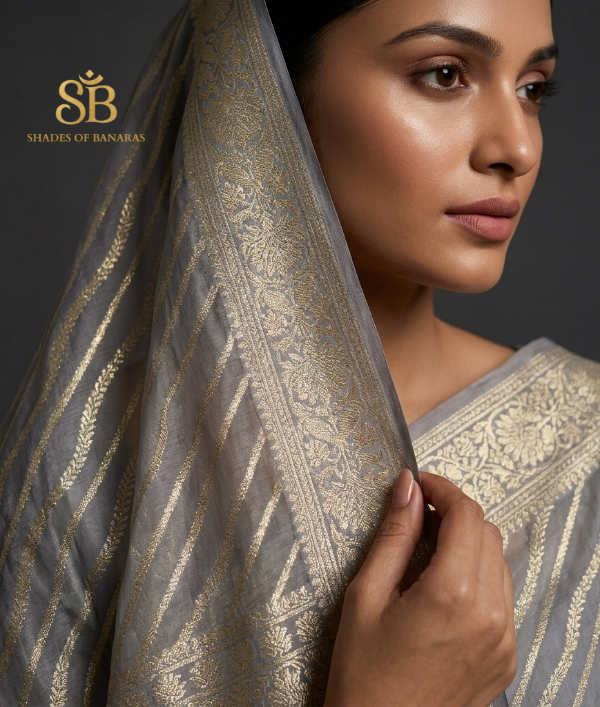 Celestial Silver: The Luxe Grey Summer Silk Couture Sari by Shades Of Banaras - banarasi - banarasi saree shop - banarasi saree manufacturers - banarasi saree wholesale - banaraasi sarees - banarasi sari - banarasi saris - silk saree - silk sari - wedding saree - wedding sari - designer sari - wedding collection - gifting