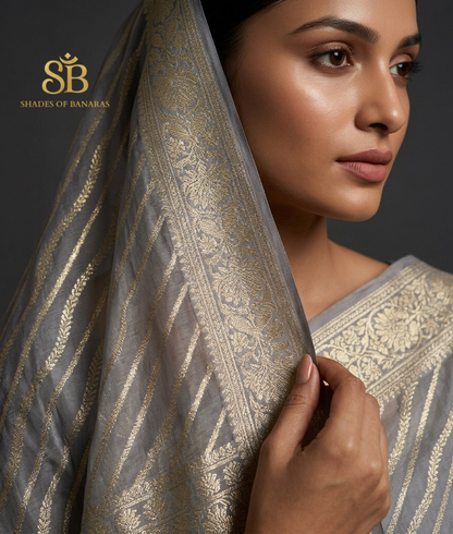 Celestial Silver: The Luxe Grey Summer Silk Couture Sari by Shades Of Banaras - banarasi - banarasi saree shop - banarasi saree manufacturers - banarasi saree wholesale - banaraasi sarees - banarasi sari - banarasi saris - silk saree - silk sari - wedding saree - wedding sari - designer sari - wedding collection - gifting