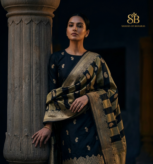 Midnight Heirloom: Handwoven Obsidian Silk Banarasi Unstitched Suit Set