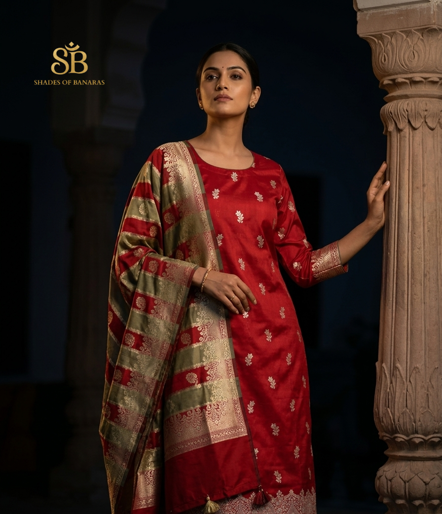 Crimson Heritage: Handwoven Scarlet Silk Banarasi Unstitched Suit Set