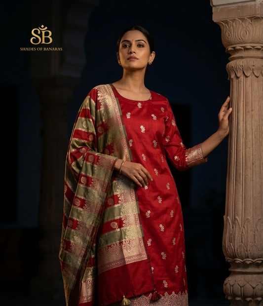 Crimson Heritage: Handwoven Scarlet Silk Banarasi Unstitched Suit Set