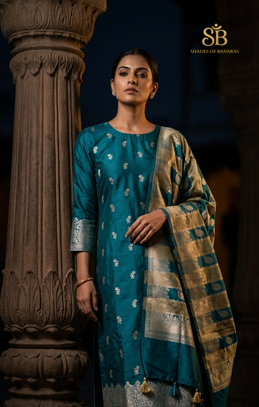 The Azure Empress: Handwoven Teal Silk Banarasi Unstitched Suit Set