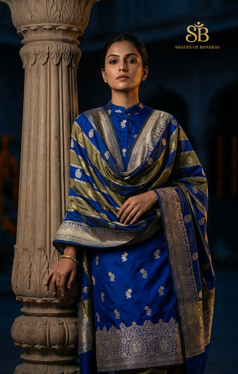 The Sovereign Sapphire: Handwoven Royal Blue Silk Banarasi Unstitched Suit Set