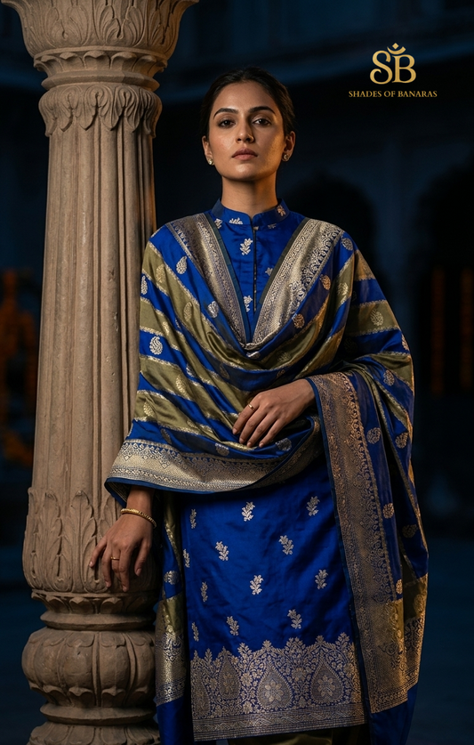 The Sovereign Sapphire: Handwoven Royal Blue Silk Banarasi Unstitched Suit Set