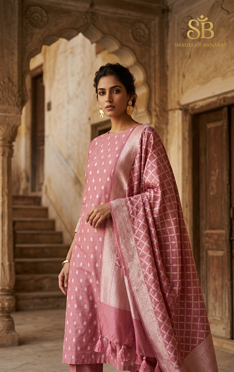 The Imperial Rose Pink Pure Cotton Silk Banarasi Handloom Unstitched Suit Set