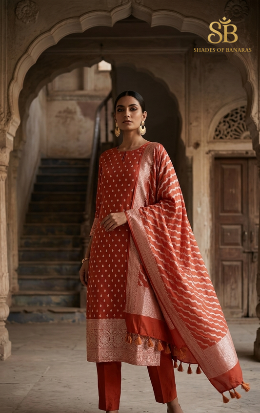 The Opulent Terracotta Rust Pure Cotton Silk Banarasi Handloom Unstitched Suit Set