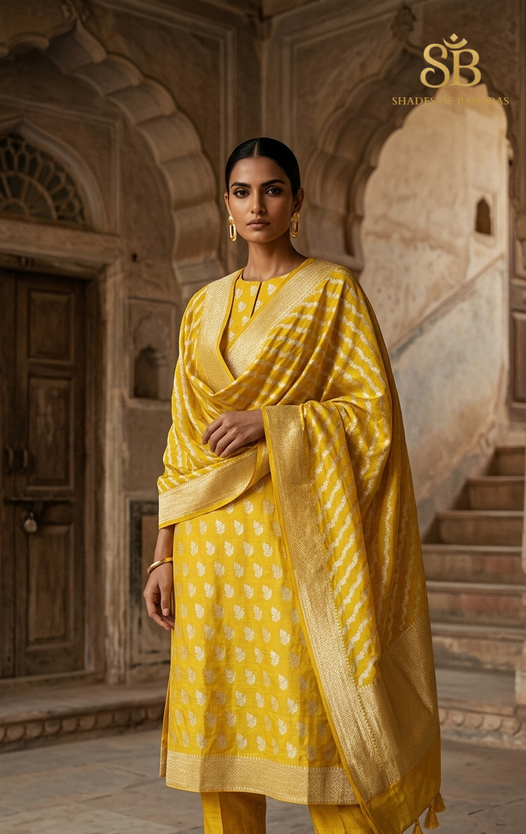 The Imperial Sunflower Yellow Pure Cotton Silk Banarasi Handloom Unstitched Suit Set