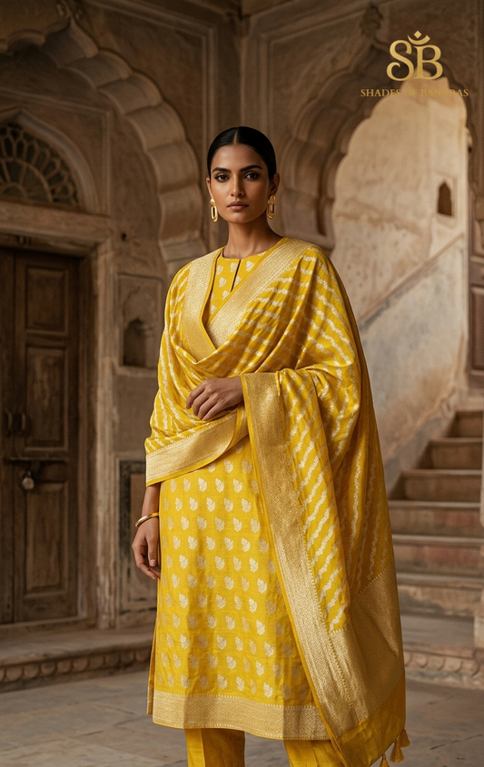 The Imperial Sunflower Yellow Pure Cotton Silk Banarasi Handloom Unstitched Suit Set