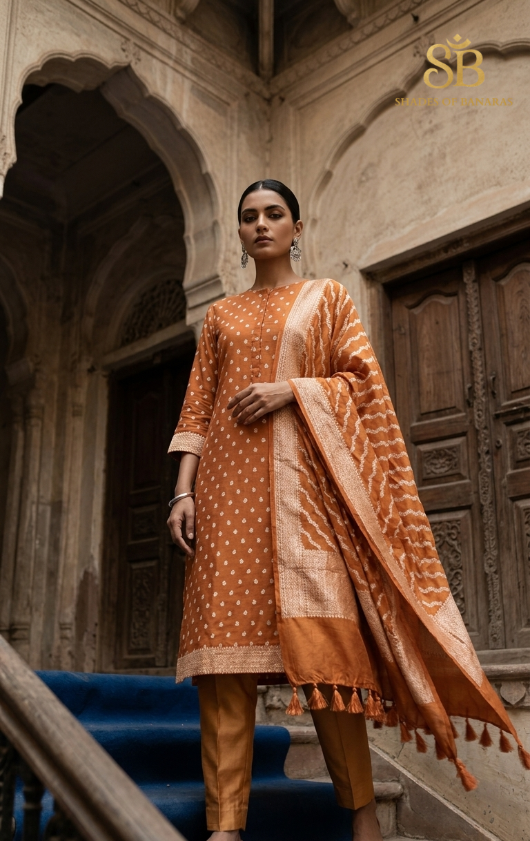 The Imperial Matt Orange Pure Cotton Silk Banarasi Handloom Unstitched Suit Set