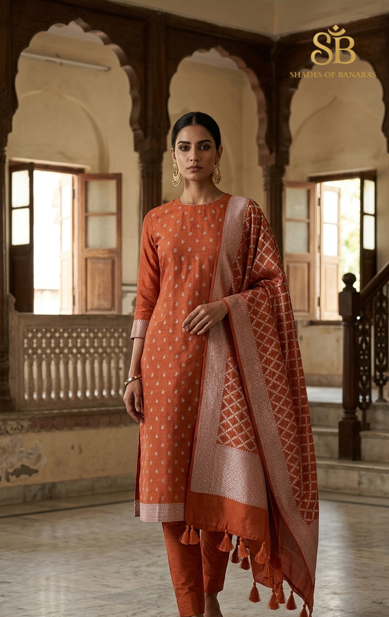 The Imperial Saffron Orange Pure Cotton Silk Banarasi Handloom Unstitched Suit Set