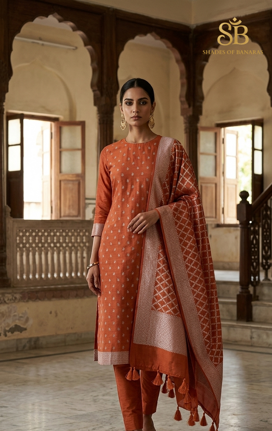 The Imperial Saffron Orange Pure Cotton Silk Banarasi Handloom Unstitched Suit Set