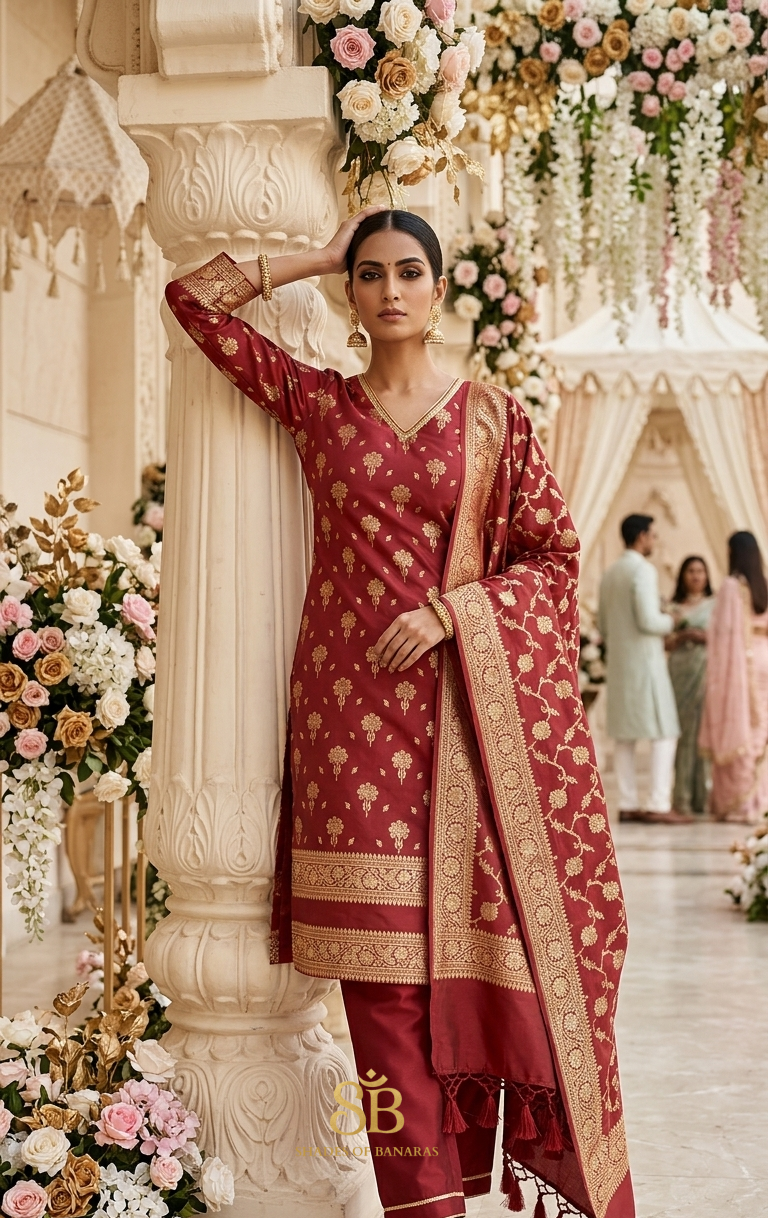 The Imperial Maroon Katan Silk Handloom Cutwork Suit Set