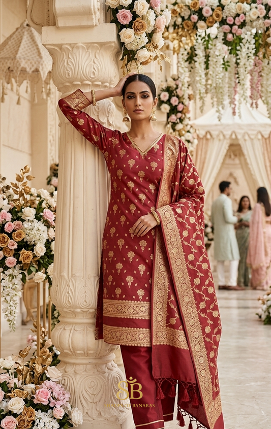 The Imperial Maroon Katan Silk Handloom Cutwork Suit Set