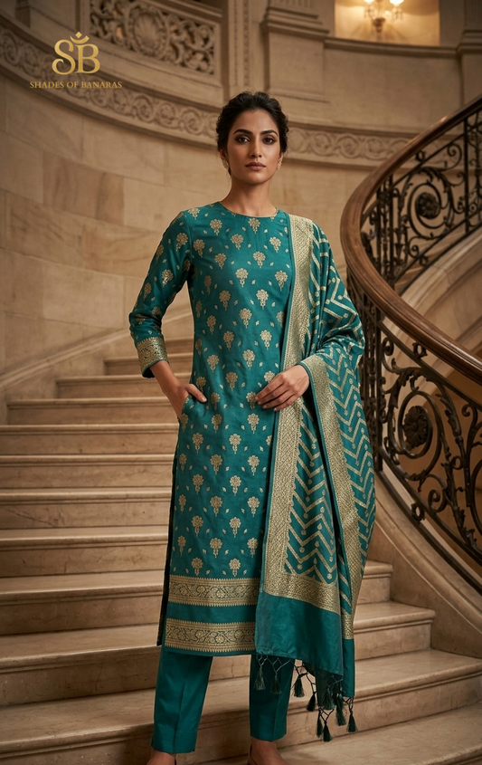 The Regal Teal Blue Katan Silk Handloom Cutwork Suit Set