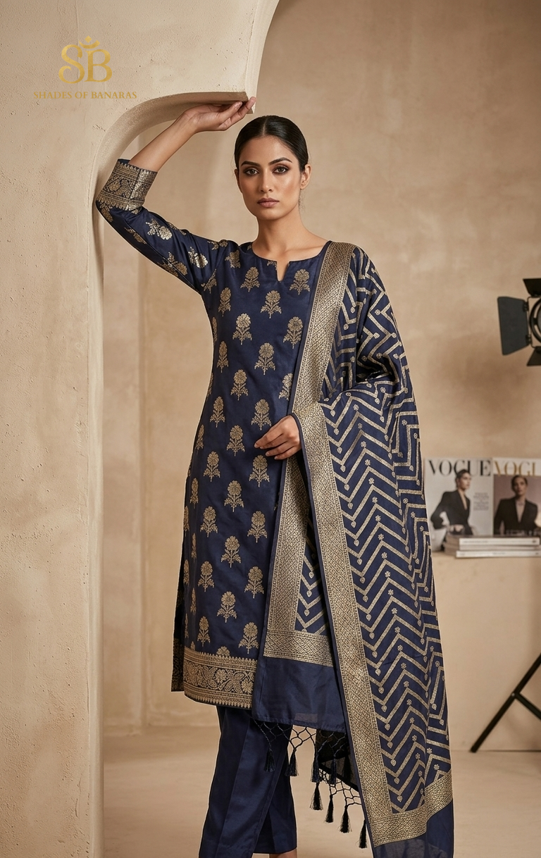 The Midnight Sovereign Navy Blue Katan Silk Handloom Suit Set