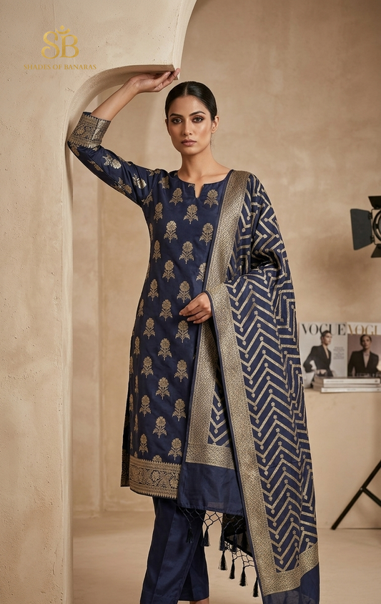 The Midnight Sovereign Navy Blue Katan Silk Handloom Suit Set