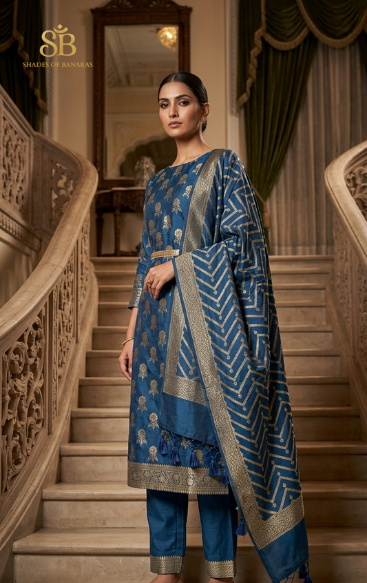 The Cerulean Majesty Pure Katan Silk Handloom Heirloom Suit Set