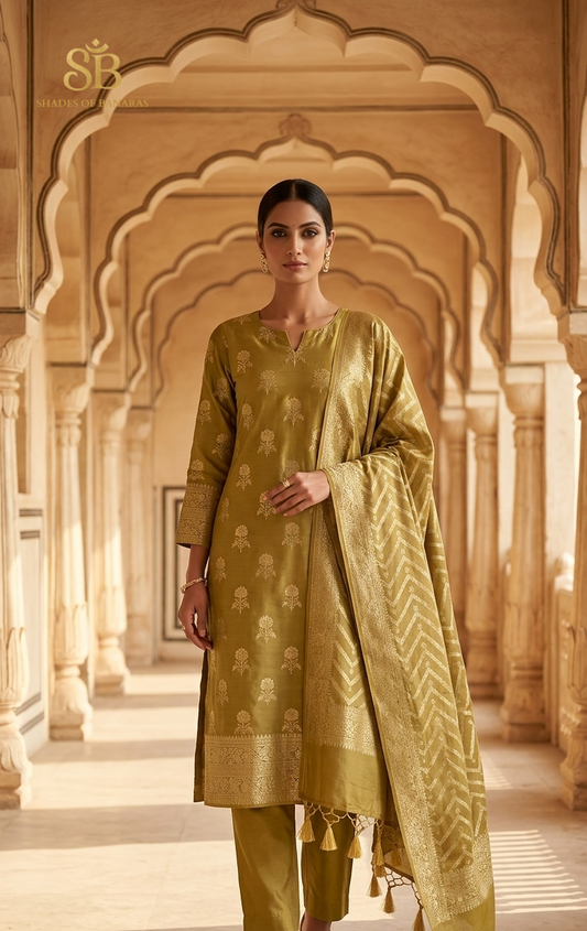 The Avadh Pastel Mehendi Katan Silk Handloom Heirloom Suit Set