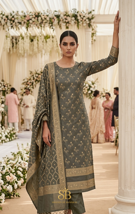 The Platinum Heritage Grey Katan Silk Handloom Heirloom Suit Set