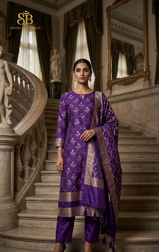 The Orchid Sovereign Purple Katan Silk Handloom Heirloom Suit Set
