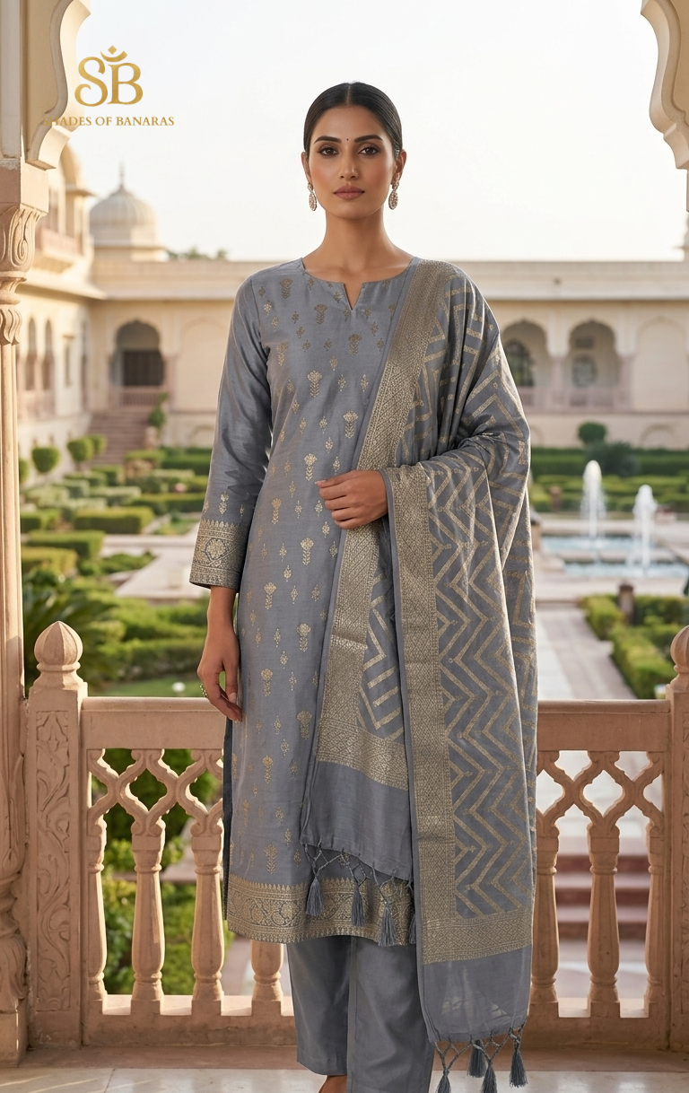 The Silver Aura Light Grey Katan Silk Handloom Heirloom Suit Set