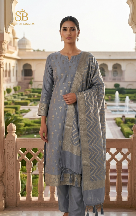 The Silver Aura Light Grey Katan Silk Handloom Heirloom Suit Set