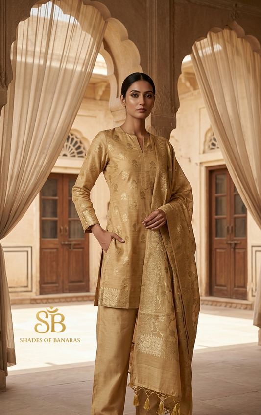 The Ivory-Beige Katan Silk Handloom Heirloom Suit Set