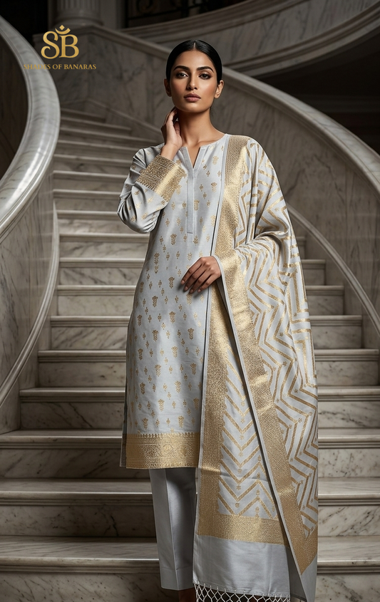 The Celestial Bleu-Gris Pure Katan Silk Handloom Heirloom Suit Set
