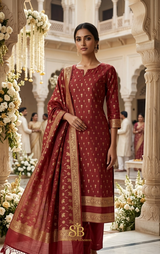 The Imperial Vintage Classic Maroon Katan Silk Handloom Heirloom Suit Set