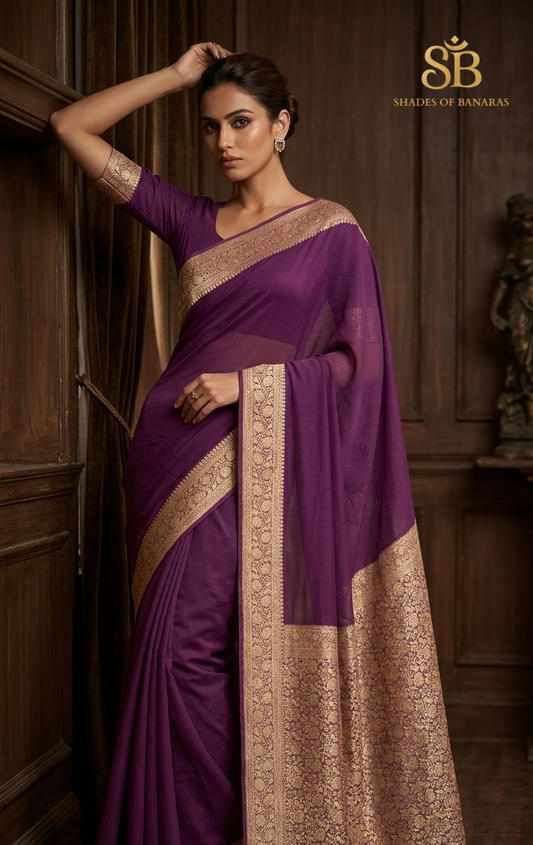 Vera Lusso: Haute Couture Royal Purple Pure Khaddi Georgette Banarasi Saree