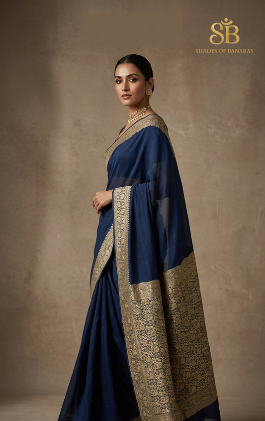 Notte Reale: Haute Couture Navy Blue Pure Khaddi Georgette Banarasi Saree