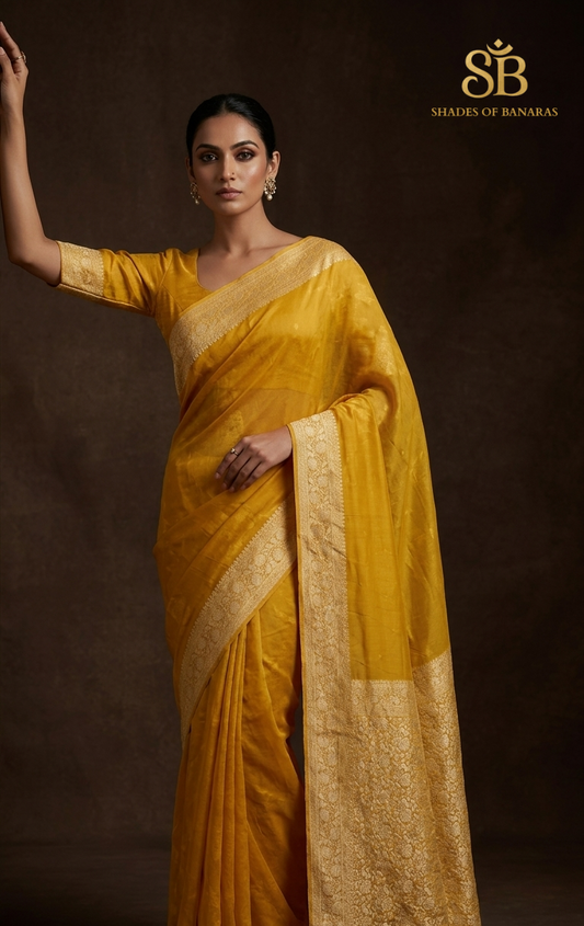 Soleil D'or: Haute Couture Sunflower Yellow Pure Khaddi Georgette Banarasi Saree