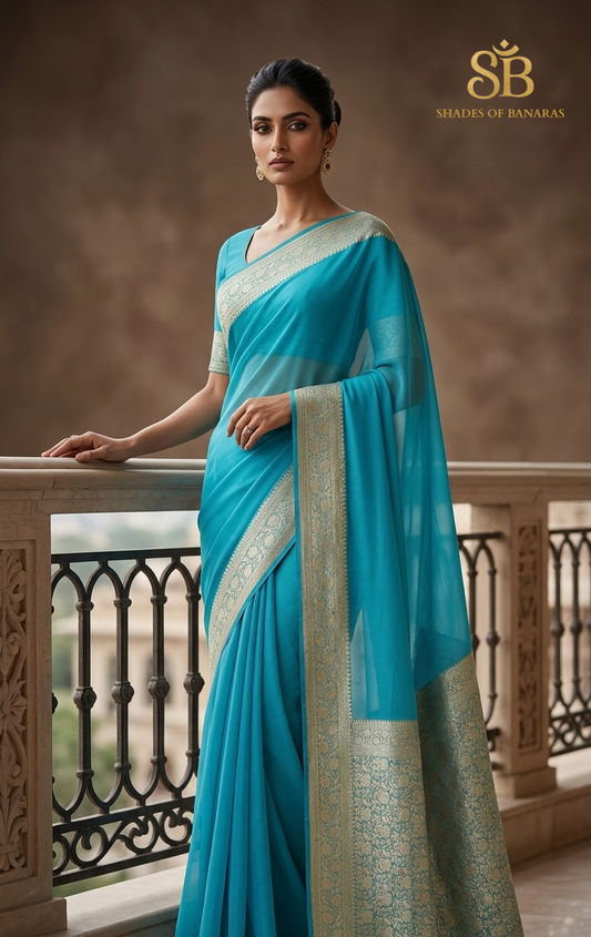 Azzurro Luxe: Haute Couture Light Blue Pure Khaddi Georgette Banarasi Saree