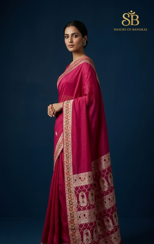 Rosa Intenso: Haute Couture Hot Pink Pure Khaddi Georgette Banarasi Saree