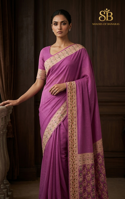 Magnifica Viola: Haute Couture Pinkish Purple Pure Khaddi Georgette Banarasi Saree