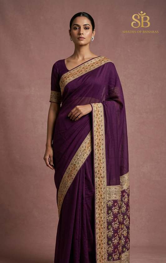 Vin Costoso: Haute Couture Deep Wine Pure Khaddi Georgette Banarasi Saree