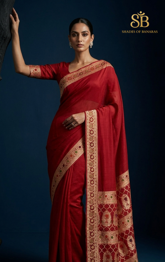 Rosso Reale: Haute Couture Crimson Red Pure Khaddi Georgette Banarasi Saree