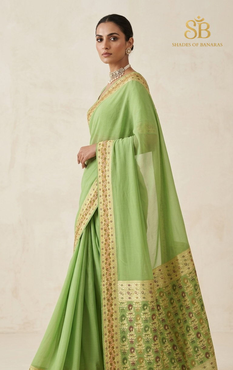 Verde Lusso: Haute Couture Pastel Green Pure Khaddi Georgette Banarasi Saree by Shades Of Banaras - banarasi - banarasi saree shop - banarasi saree manufacturers - banarasi saree wholesale - banaraasi sarees - banarasi sari - banarasi saris - silk saree - silk sari - wedding saree - wedding sari - designer sari - wedding collection - gifting