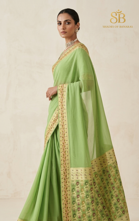 Verde Lusso: Haute Couture Pastel Green Pure Khaddi Georgette Banarasi Saree