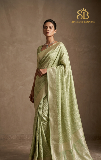 Luxe Verde Pastello Pure Khaddi Georgette Banarasi Saree