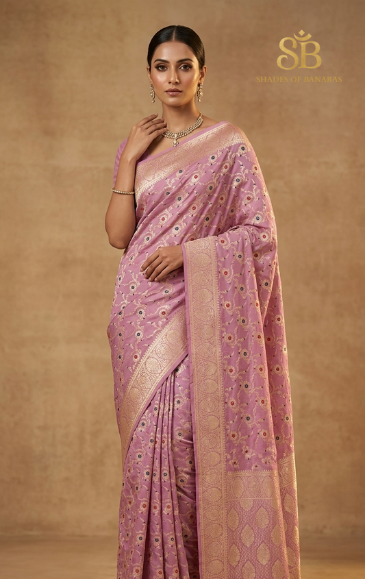 La Splendida Couture: Pink Pure Silk Banarasi Saree in All-Over Meenakari Jaal