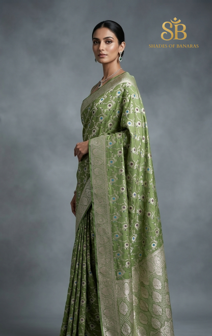 Livia Pastello: Pastel Green Pure Silk Banarasi Saree in All-Over Meenakari Jaal