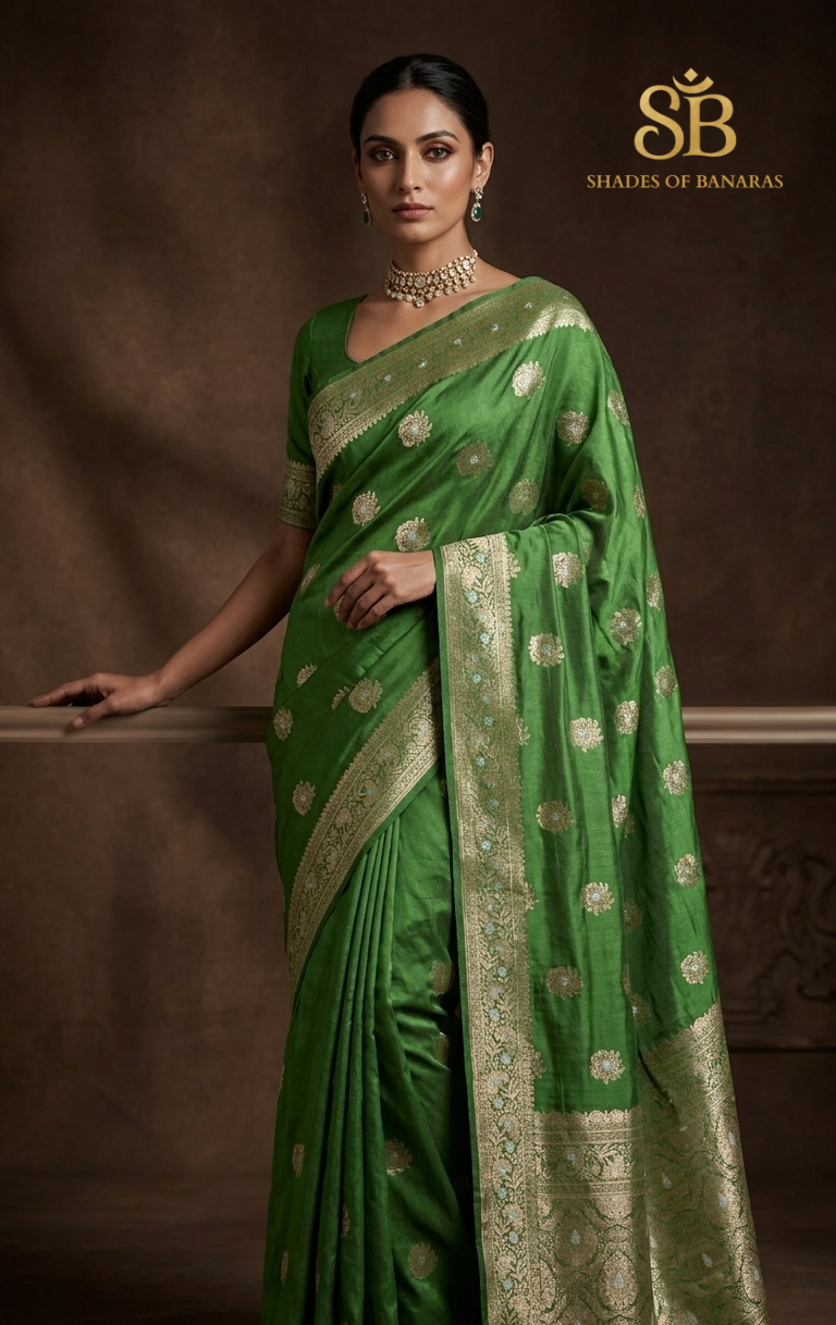 Smeraldo Lusso: Deep Emerald Green Pure Dupion Silk Banarasi Saree in Sona Rupa Buti